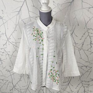 White Floral Embroidered Eyelet Sheer Button Front Mandarin Collar Shirt